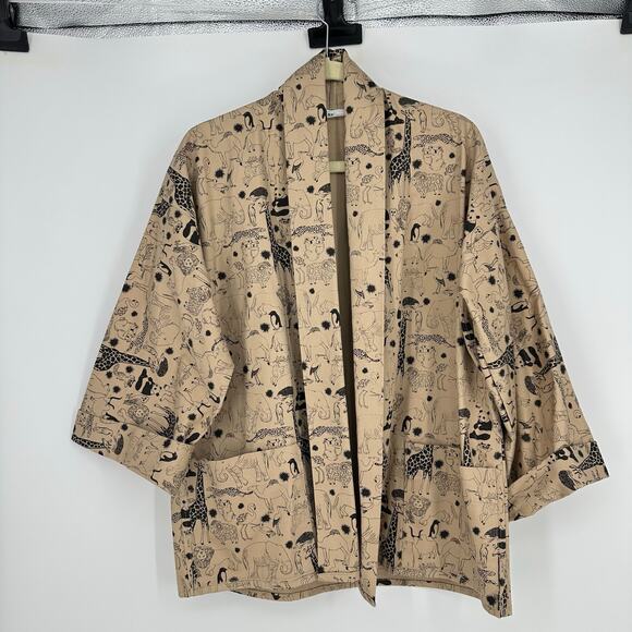 Womens RF Textile Kimono Jacket Novelty Koala Giraffe Lion Tan Artsy Boho Size L - Picture 3 of 11